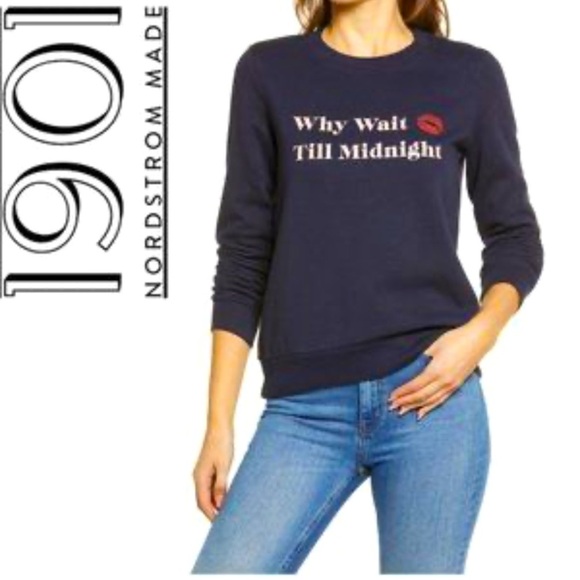 1901 Women's "Why Wait" Fleece New Years Eve Sweatshirt Navy Size Medium NWT - Picture 1 of 7